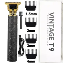 ماشین اصلاح موی سر و صورت مدل Vintage T9 Metalhead قابلیت تریم و خط زن، تیغه استیل ضد زنگ، باتری قابل شارژ با نمایش وضعیت باتری، مدت شارژ و استفاده 60 دقیقه، همراه 4 شانه اصلاح