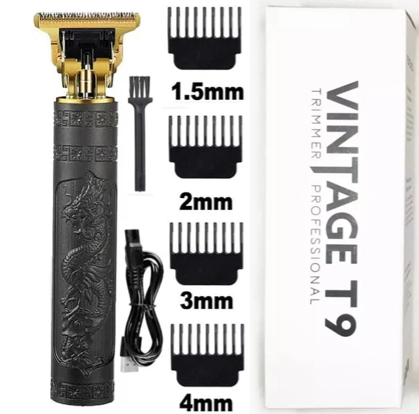ماشین اصلاح موی سر و صورت مدل Vintage T9 Metalhead قابلیت تریم و خط زن، تیغه استیل ضد زنگ، باتری قابل شارژ با نمایش وضعیت باتری، مدت شارژ و استفاده 60 دقیقه، همراه 4 شانه اصلاح