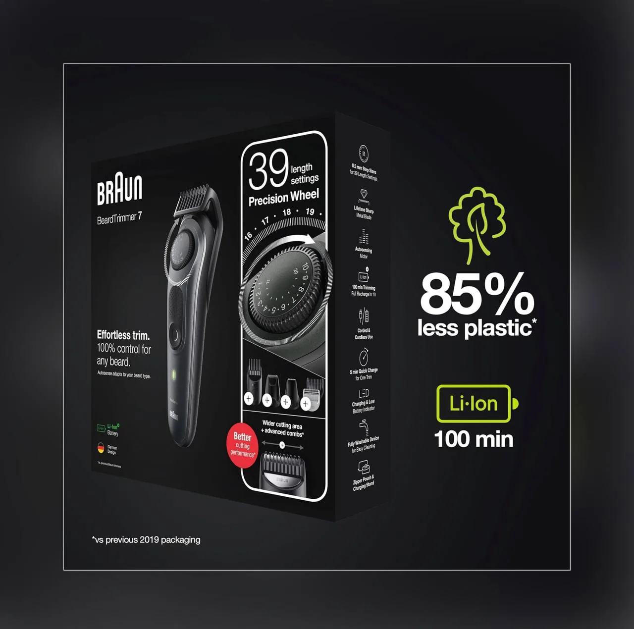 ماشین اصلاح صورت و بدن شارژی براون مدل BT7350 ضدآب با فناوری AutoSense، تیغههای خودتیزشونده استیل ضدزنگ، باتری لیتیومیون با 100 دقیقه کارکرد، شارژ سریع و تنظیم اصلاح با 39 شماره نیممیلیمتری