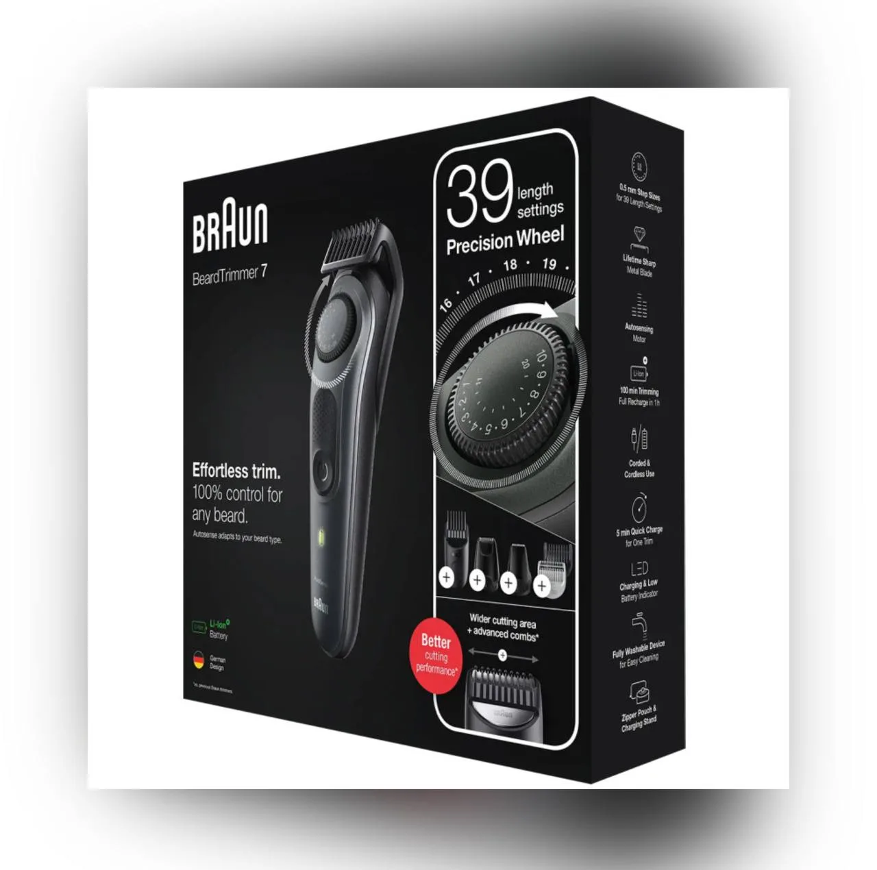 ماشین اصلاح صورت و بدن شارژی براون مدل BT7350 ضدآب با فناوری AutoSense، تیغههای خودتیزشونده استیل ضدزنگ، باتری لیتیومیون با 100 دقیقه کارکرد، شارژ سریع و تنظیم اصلاح با 39 شماره نیممیلیمتری