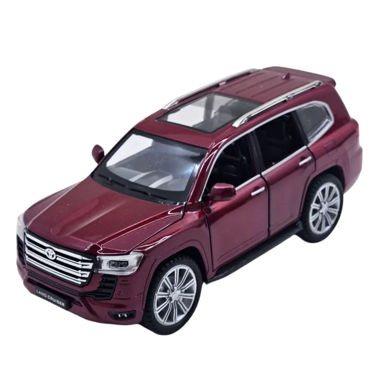 ماکت ماشین فلزی شاسیبلند تویوتا لندکروز ناب سل مدل land Cruiser VX با مقیاس 1:24، چراغ LED جلو و عقب، صدای موتور شبیهسازی شده، مکانیزم عقبکش، دربهای بازشونده از بغل و بالا، رینگ و تایر لاستیکی