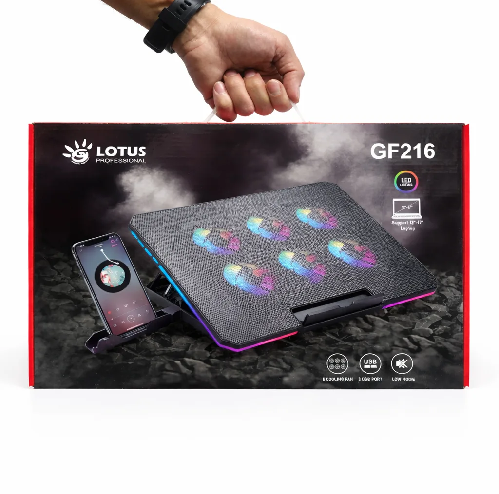 پایه خنککننده لپتاپ لوتوس مدل GF216-RGB-MOBILE STAND دارای شش عدد فن مناسب برای لپ تاپهای 14 تا 17 اینچی