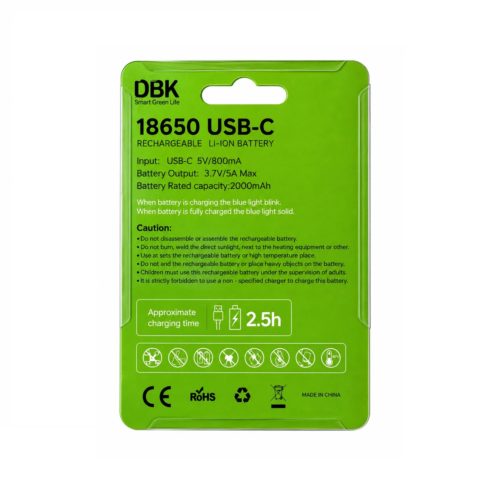 باتری لیتیومی دی بی کی مدل DBK Smart Green Life 18650 USB-C Rechargeable Li-ion 7400mWh ظرفیت 2000 میلی آمپر ساعت