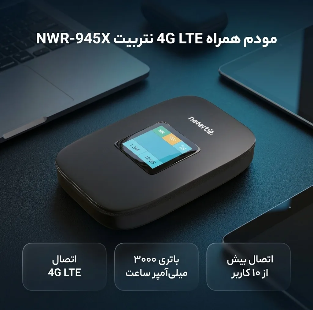 مودم همراه 4G LTE نتربیت مدل NWR-945X با باتری 3000 میلیآمپر ساعت، پشتیبانی از Wi-Fi 6، سرعت دانلود تا 150 مگابیت بر ثانیه، اتصال بیش از 10 کاربر و فایروال NAT