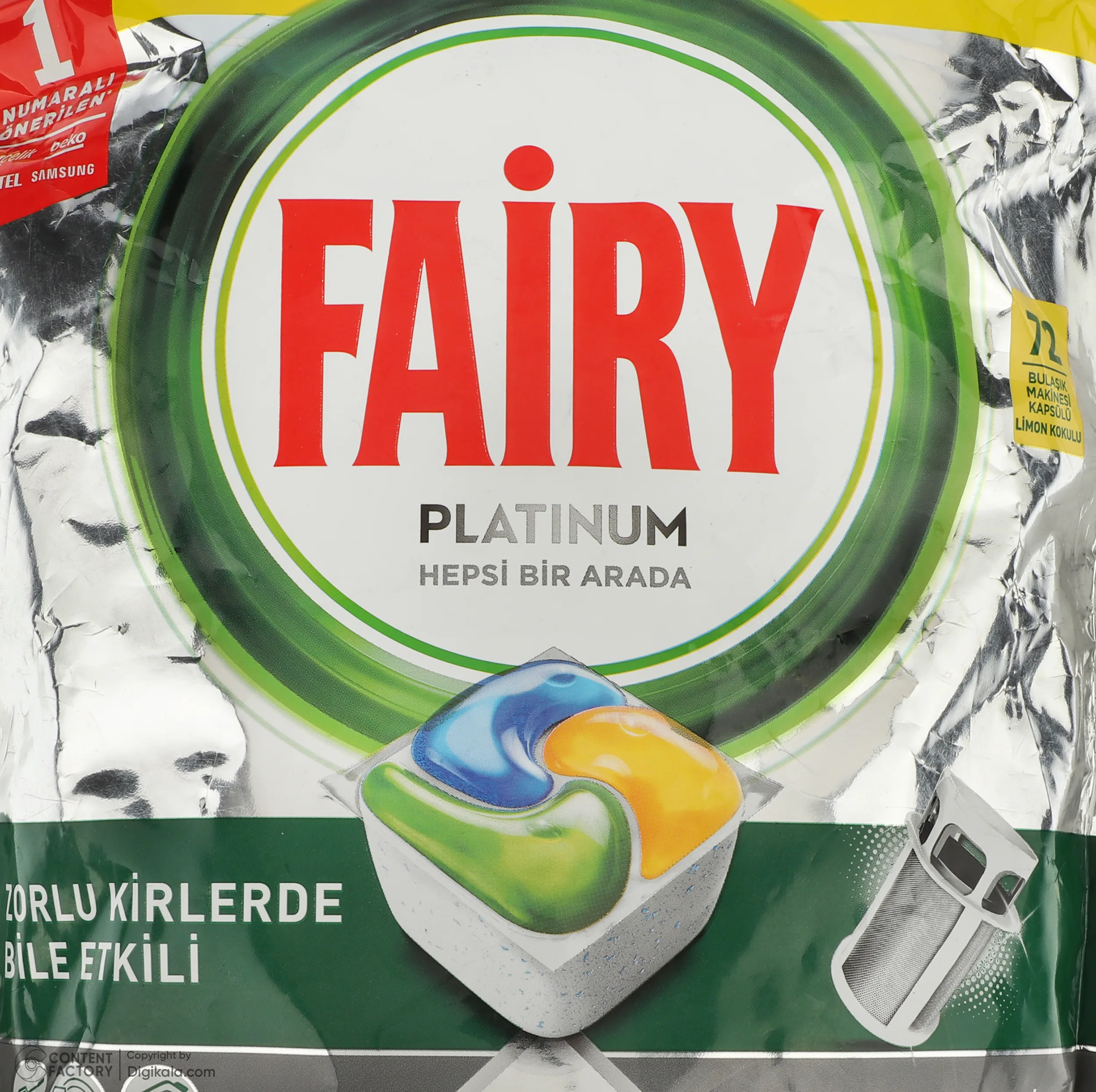 قرص ماشین ظرفشویی فیری مدل Platinum با رایحه لیمو بسته 72 عددی
