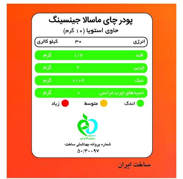 چای ماسالا با جینسینگ تشریفاتی بدون شکر و شیرین شده استویا پپتینا بسته 20 عددی