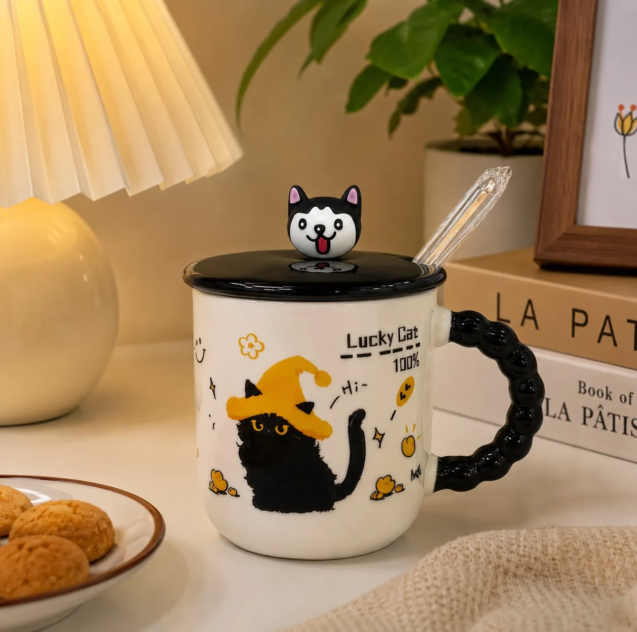 ماگ طرح گربه Lucky Cat مدل سرامیکی درب دار