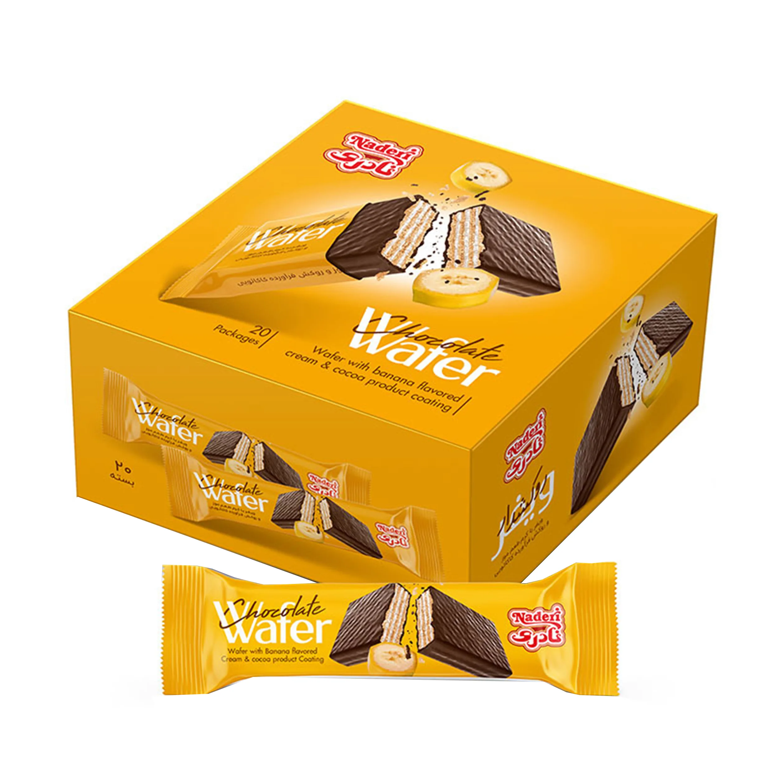 ویفر روکش دار موز و کاکائو نادری - 30 گرم بسته 20 عددی