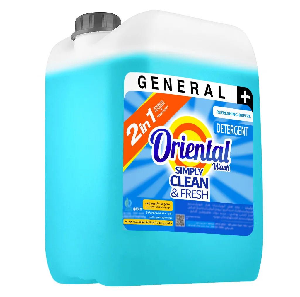 مایع لباسشویی ماشینی آبی اورینتال مدل GENERAL PLUS با رایحه لاوندر مناسب برای همه لباس ها حجم 5000 میلی لیتر