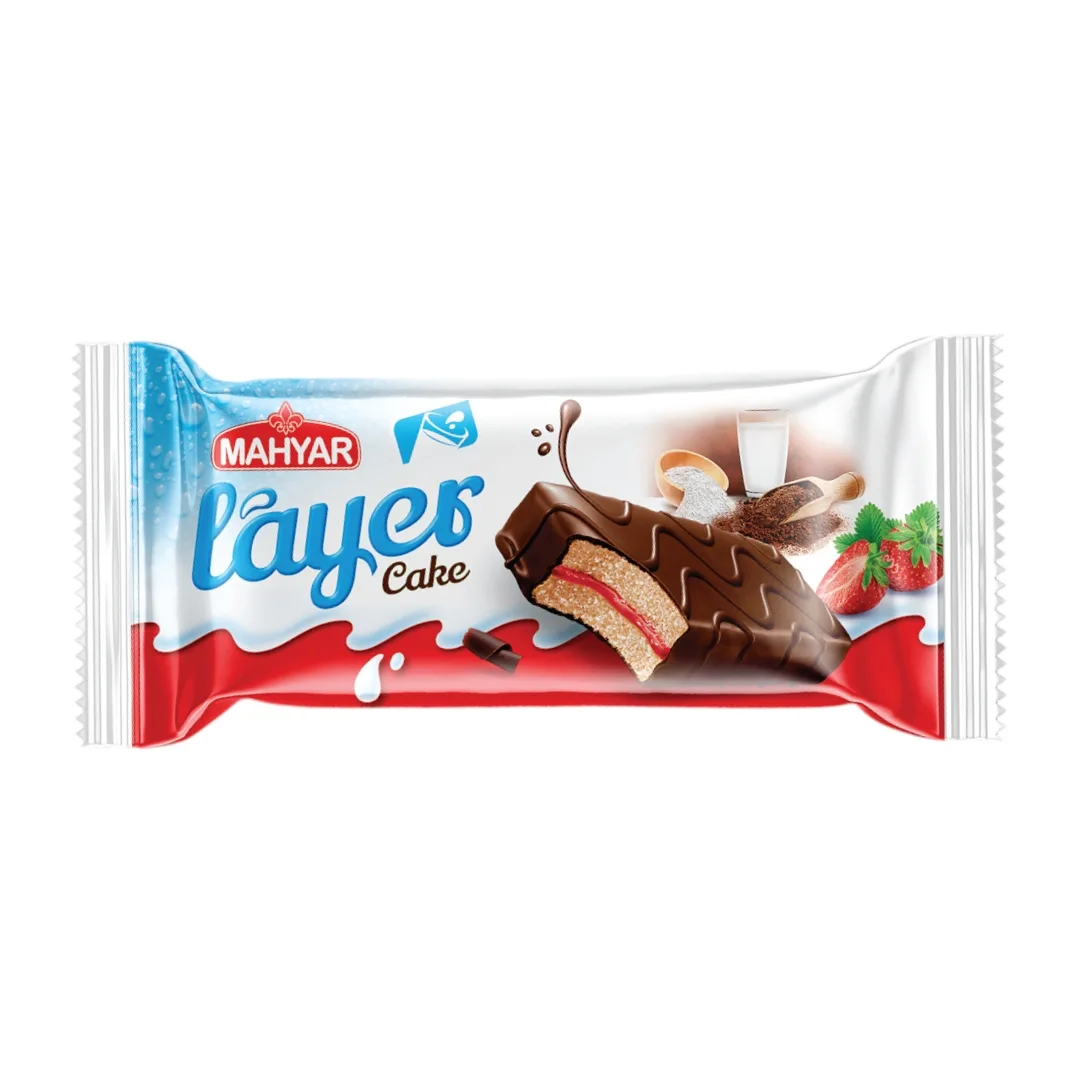 کیک دو لایه با کرم توت فرنگی و روکش کاکائو مهیار - 55 گرم بسته 24 عددی