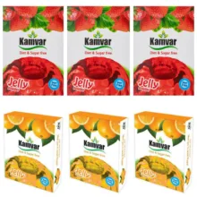 پودر ژله رژیمی بدون قند با طعم توت فرنگی و پرتقال کامور -36 گرم بسته 6 عددی