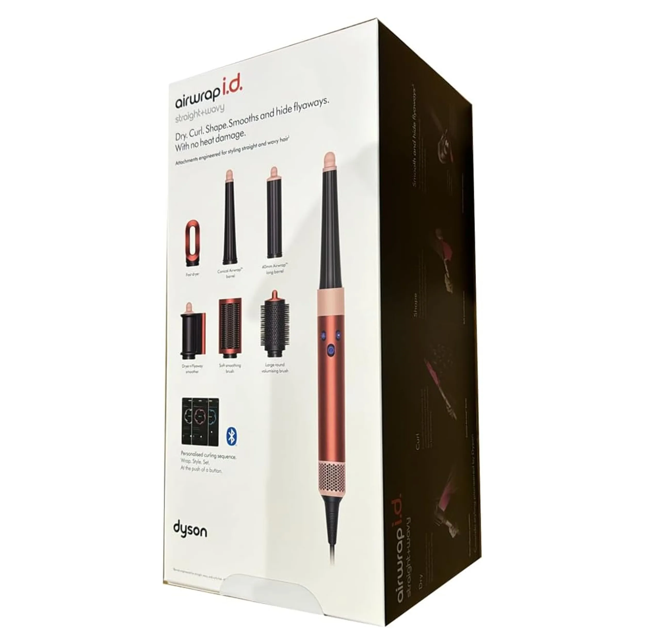 سشوار برسدار حالتدهنده 1300 وات دایسون مدل Airwrap id HS08 Straight+Wavy، موتور BLDC، وزن 630 گرم، دارای سری شانهدار، سری برسدار گرد پهن، کیف نگهدارنده، خشککن ملایم، متمرکزکننده باریک، متمرکزکننده پهن با ویژگی فرکنندگی، صافکنندگی، حجمدهندگی