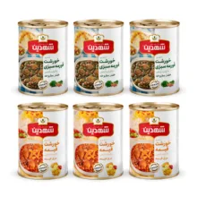 کنسرو خورشت قیمه و سیب زمینی با سویا و کنسرو خورشت قورمه سبزی با سویا شهدین – 370 گرم بسته 6 عددی