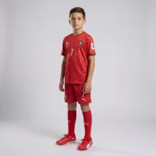 ست تی‌شرت و شلوارک ورزشی پسرانه مدل تیم ملی پرتغال طرح رونالدو جام جهانی 2026