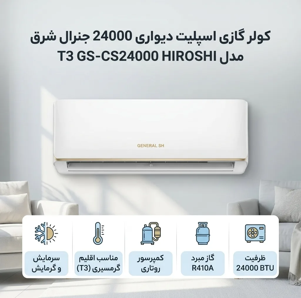 کولر گازی اسپلیت دیواری 24000 دور ثابت جنرال شرق مدل T3 GS-CS24000 HIROSHI