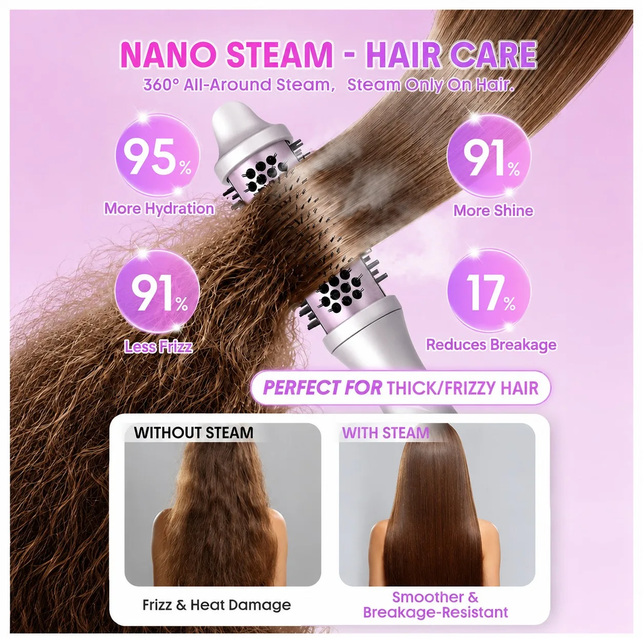 دستگاه حالت‌دهنده مو شیگلم مدل Hydra Shot Steam Blowout Brush Pro سایز 38 میلی‌متر با تکنولوژی ضد وز و منبع انرژی برق