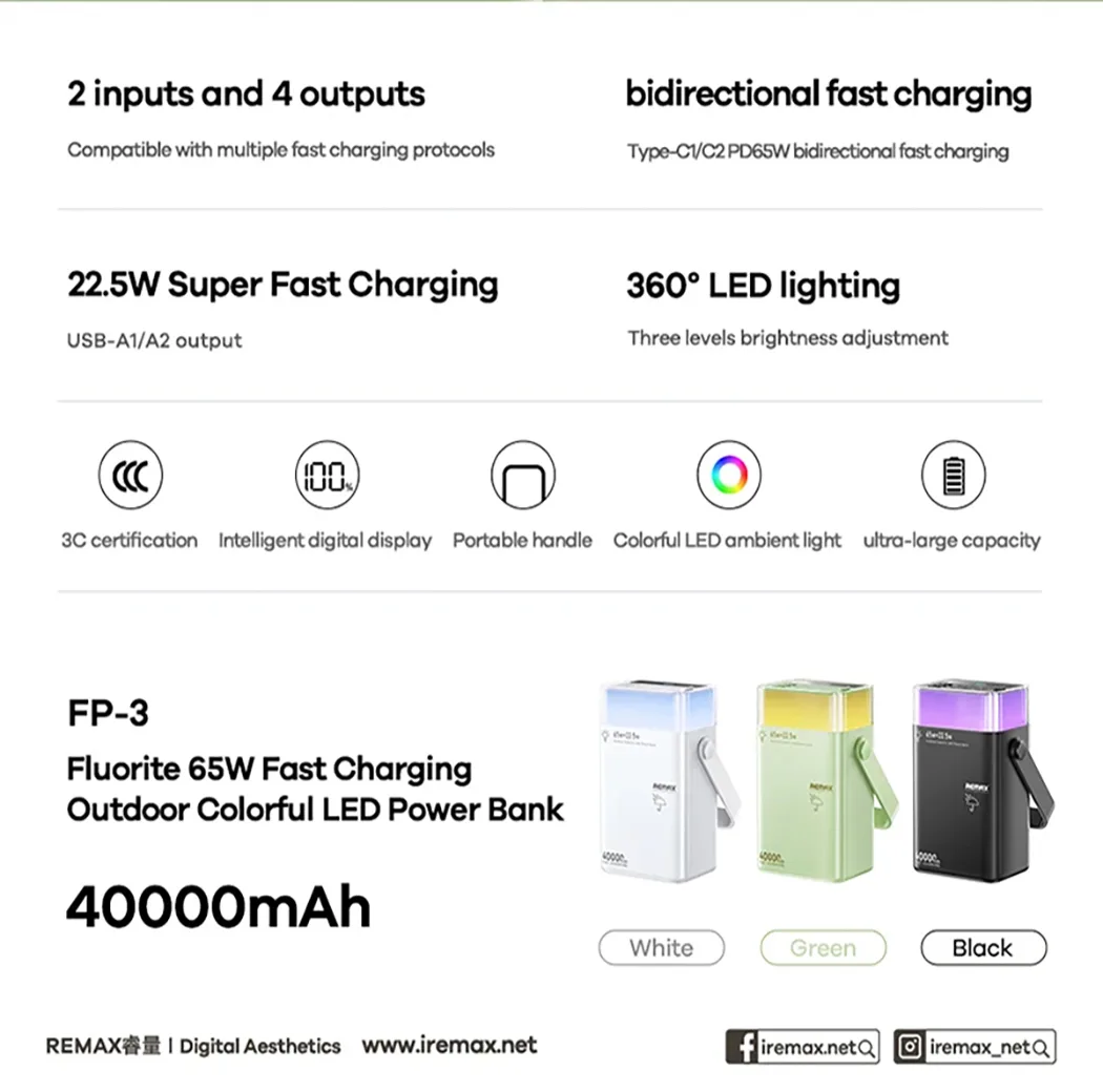 پاوربانک 65 وات ریمکس مدل FP-3 ظرفیت 40000 میلیآمپرساعت