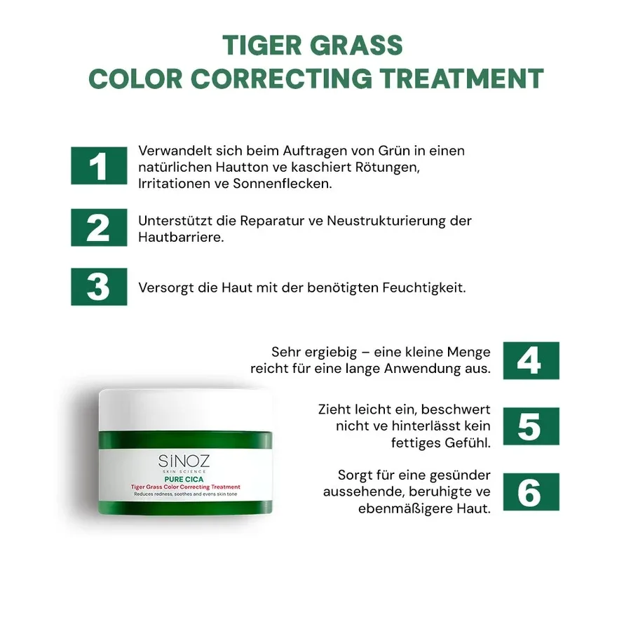 کرم ضد قرمزی و ترمیم کننده صورت سینوز مدل Pure Cica Tiger Grass مناسب پوست حساس حجم ۱۵ میلیلیتر