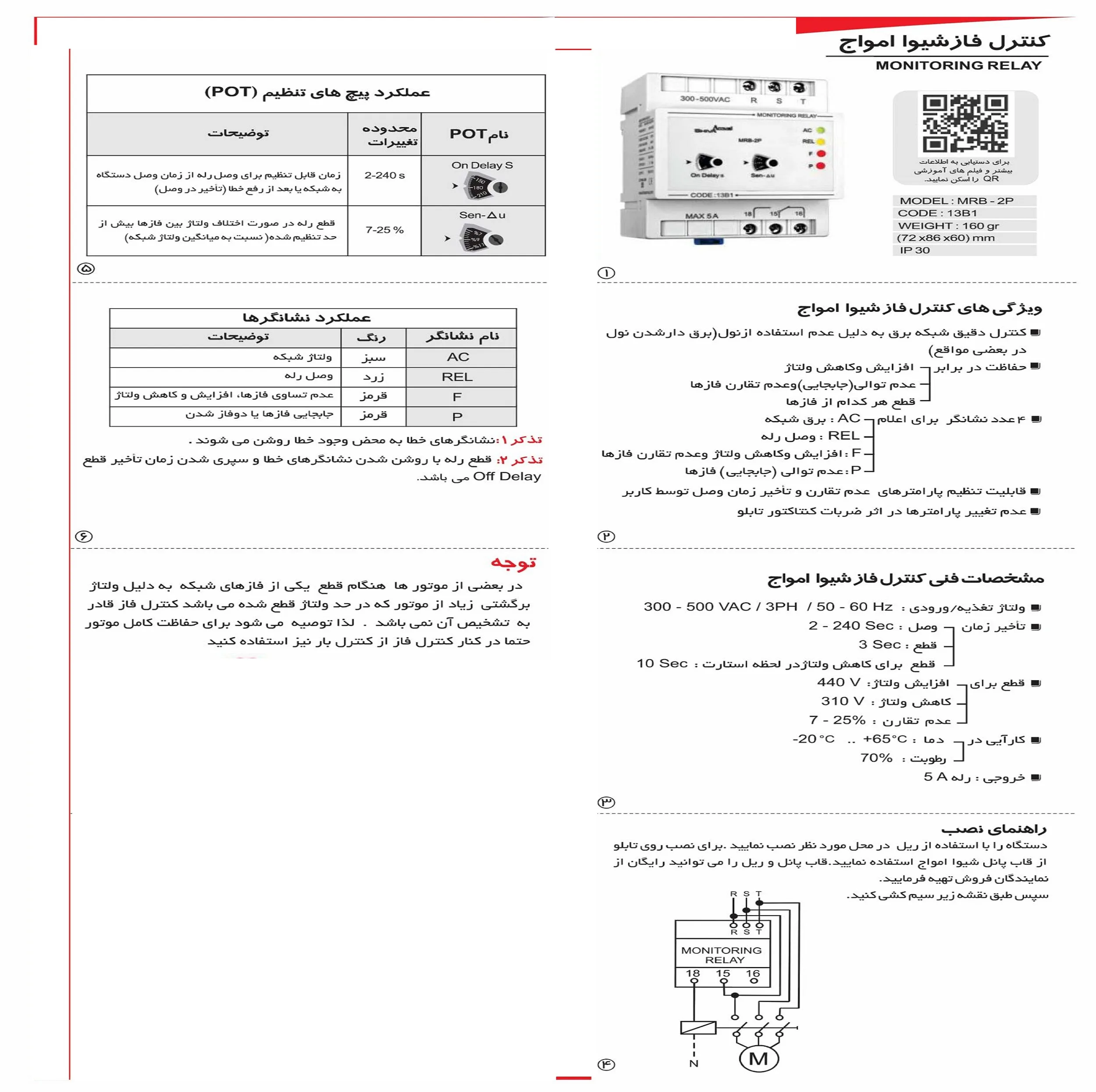 رله کنترل فاز شیوا امواج مدل MRB-2P کد 13B1 بسته بیست عددی
