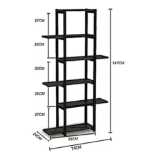استند گلدان و قفسه کتاب فلزی 5 طبقه مدل GD-K38 با بدنه پروفیل 20×20 میلی‌متر، صفحات MDF روکش PVC، پوشش کوره‌ای الکترواستاتیک ضدخش و ضدزنگ، جوشکاری CO2، ابعاد 74×24×147 سانتی‌متر، وزن 12000 گرم