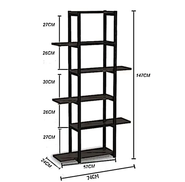 استند گلدان و قفسه کتاب فلزی 5 طبقه مدل GD-K38 با بدنه پروفیل 20×20 میلی‌متر، صفحات MDF روکش PVC، پوشش کوره‌ای الکترواستاتیک ضدخش و ضدزنگ، جوشکاری CO2، ابعاد 74×24×147 سانتی‌متر، وزن 12000 گرم