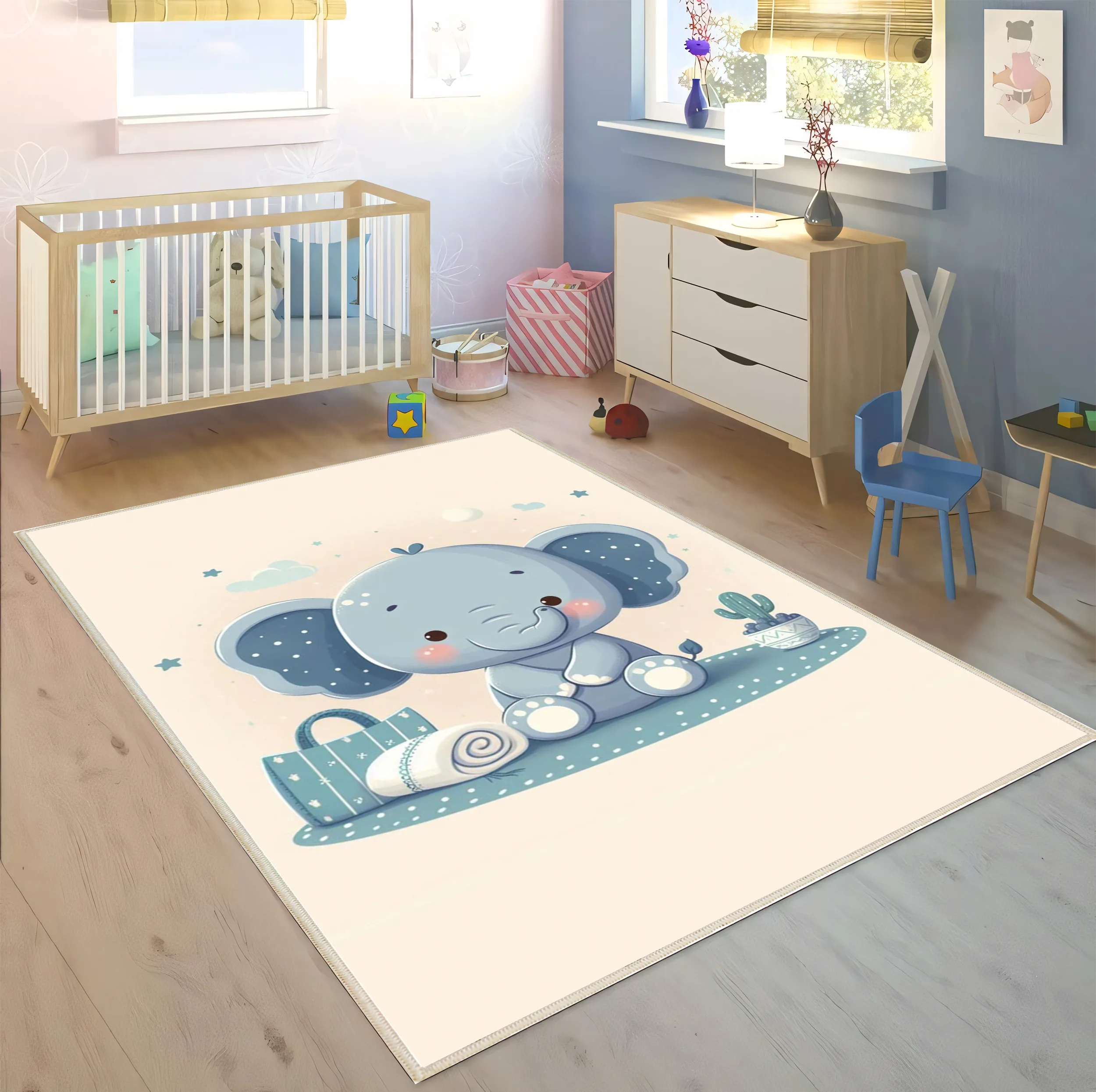 فرش ماشینی 1000 شانه زمینه کرم حاشیه طوسی اورکوم مدل نانو چاپ بدون پرز طرح اتاق کودک کد kids.9017.01