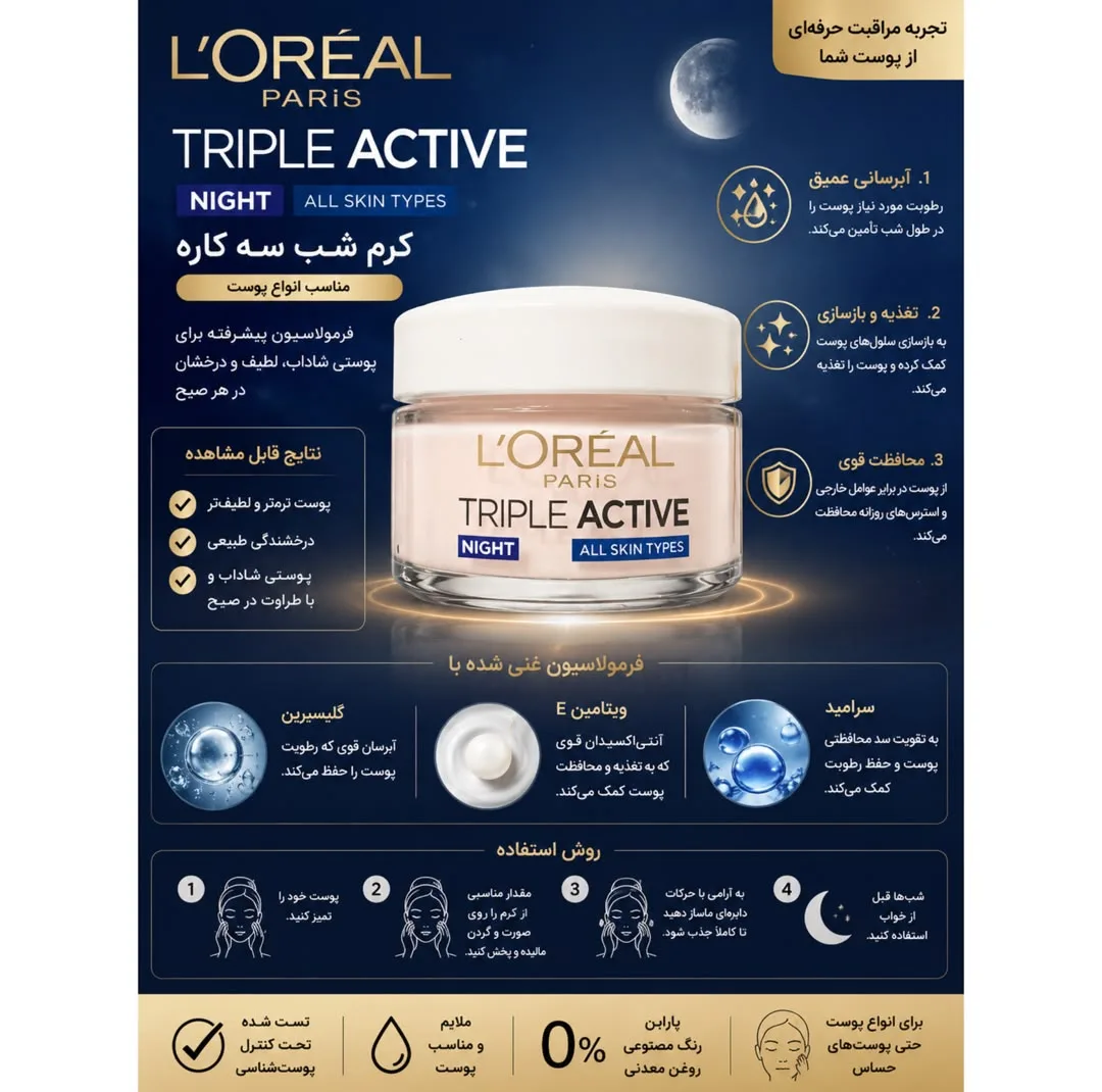 کرم ضد چروک شب لورآل مدل Triple Active Night مناسب برای انواع پوست حجم 50 میلی لیتر