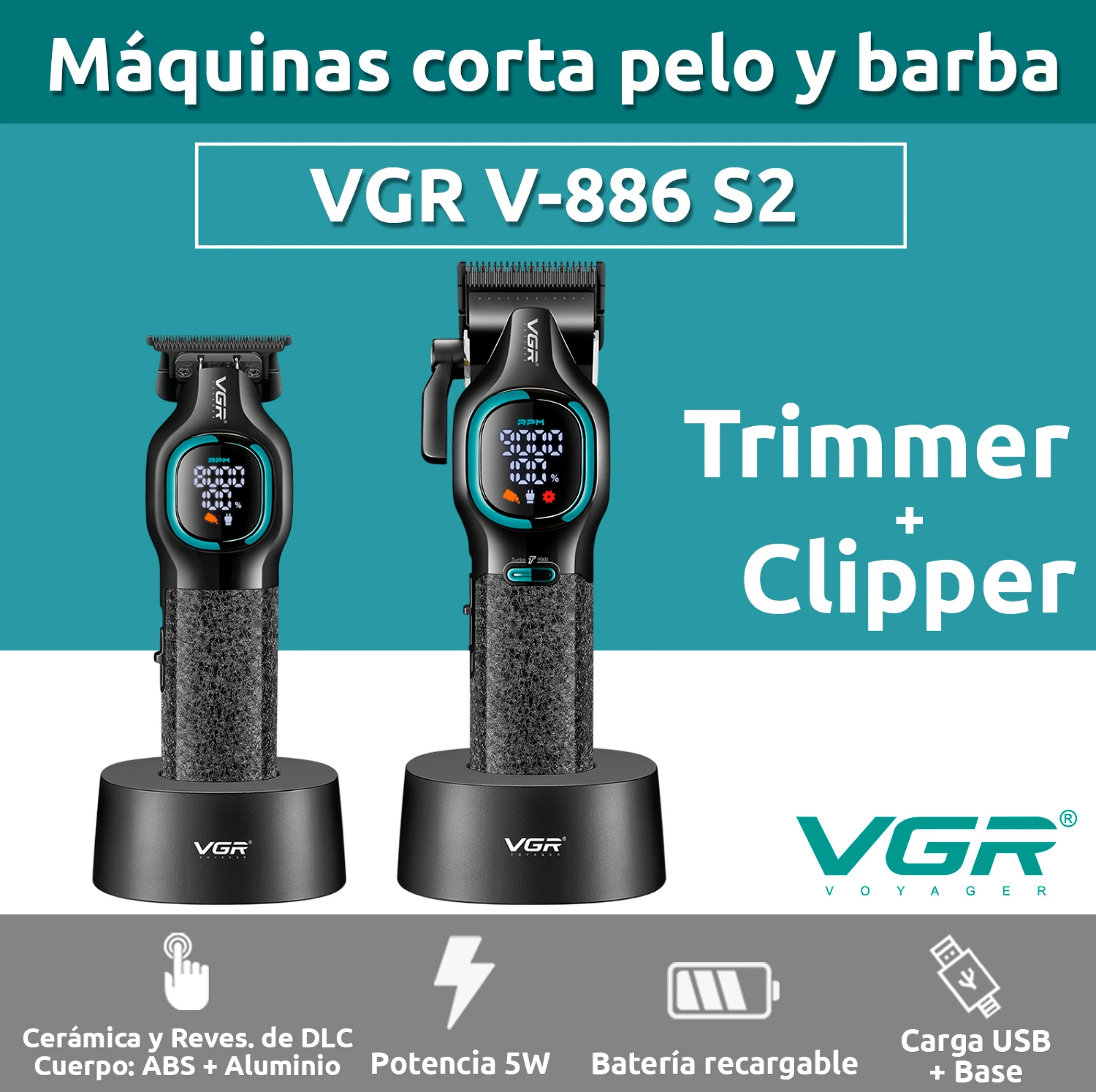 ماشین اصلاح موی سر و صورت شارژی وی جی ار مدل V-886 S2 مجموعه 2 عددی