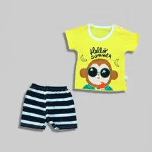 ست تی شرت و شلوارک نوزاد پسرانه نخی 2 تکه مدل Hello Summer