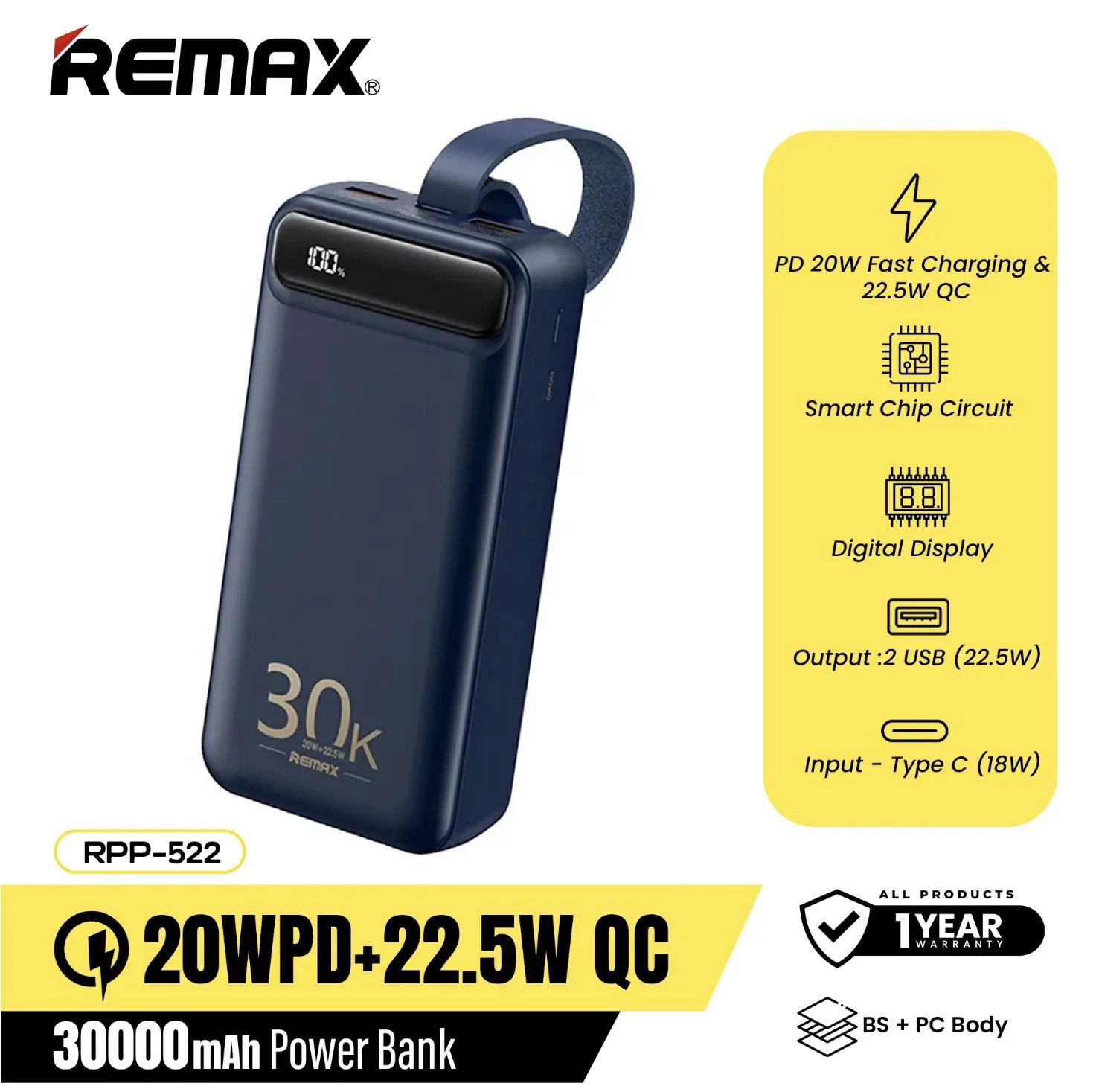 پاوربانک ریمکس مدل RPP-522 ظرفیت 30000 میلی آمپر ساعت