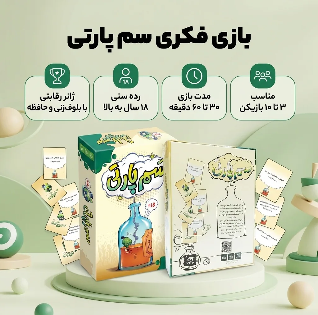 بازی فکری کارت جمعآوری امتیاز سم پارتی مدل سم پارتی مناسب 3 تا 10 نفر، رده سنی 18 سال به بالا، رقابتی با تاکتیک بلوفزنی و حافظه، درجه سختی آسان، مدت زمان 30-60 دقیقه