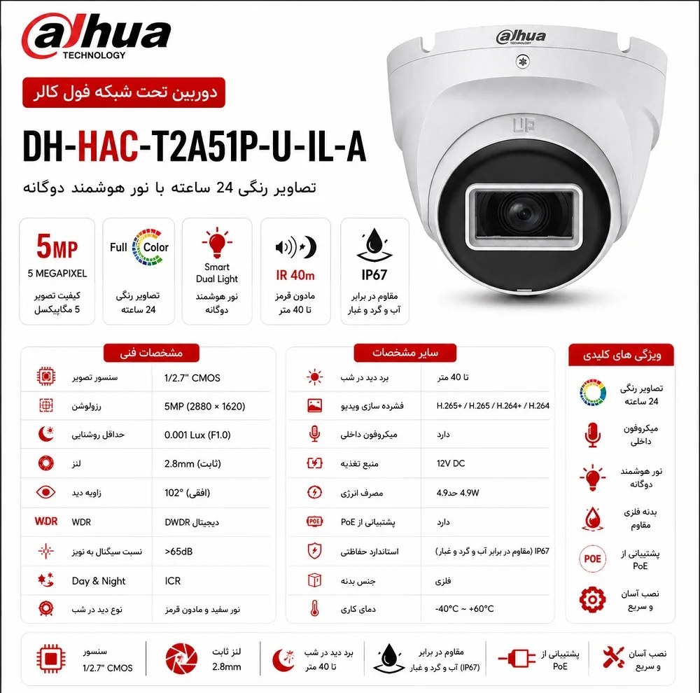 دوربین مداربسته آنالوگ داهوا مدل DH HAC T2A51P-U-IL-A 5MP