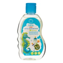 مایع شوینده و ضدعفونی کننده شیشه شیر مانا حجم 200 میلی لیتر به همراه روغن بدن کودک مانا مدل بائوباب حجم 200 میلی لیتر