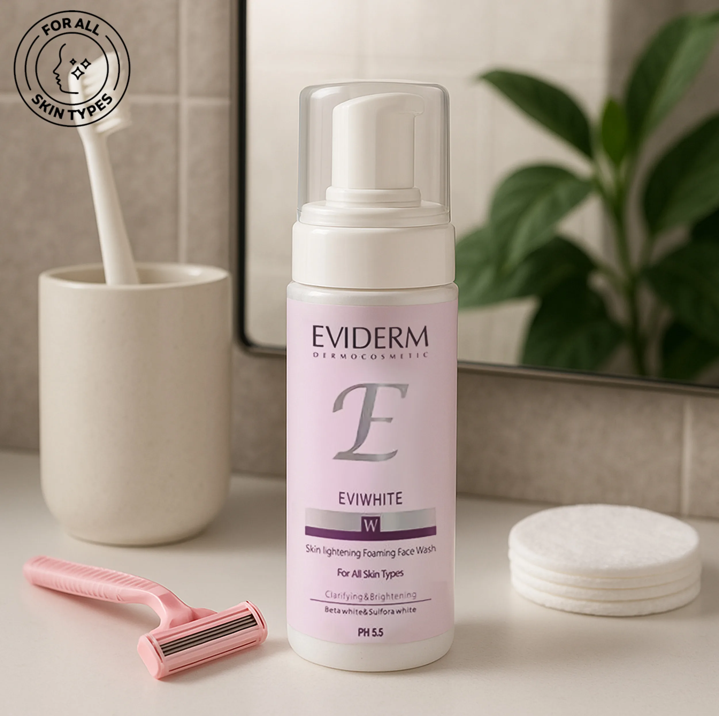 فوم شستوشوی صورت اویدرم مدل Eviwhite مناسب انواع پوست حجم ۱۵۰ میلیلیتر