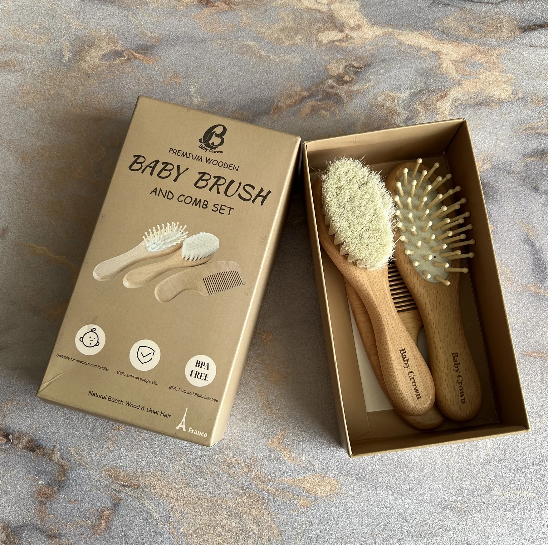 ست شانه و برس بیبی کرون مدل Premium wooden مجموعه 3 عددی
