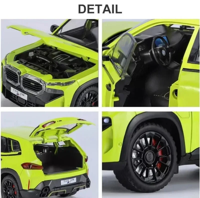 ماشین بازی شاسیبلند غیرکنترلی مدل BMW XM با بدنه فلزی، درهای بازشو از بغل، آینه متحرک، چرخهای پلاستیکی و منبع انرژی باتری سکهای