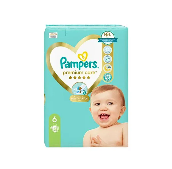 پوشک بچه پمپرز مدل premium care سایز ۶ بسته ۳۸ عددی