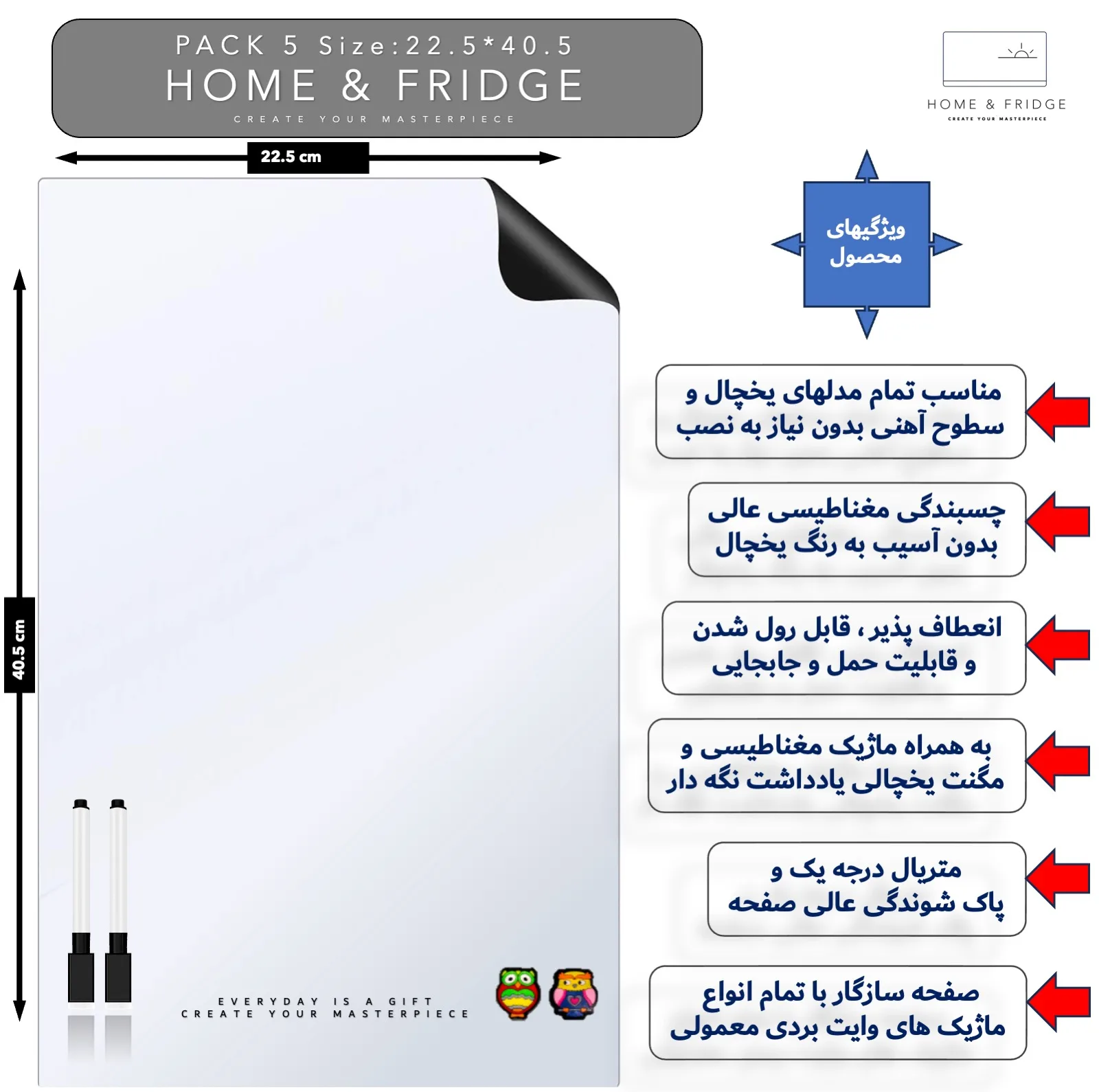 تخته وایت‌برد هوم اند فریج مدل H&F سایز 40.5x22.5 سانتی‌متر به همراه ماژیک و مگنت مجموعه 5 عددی