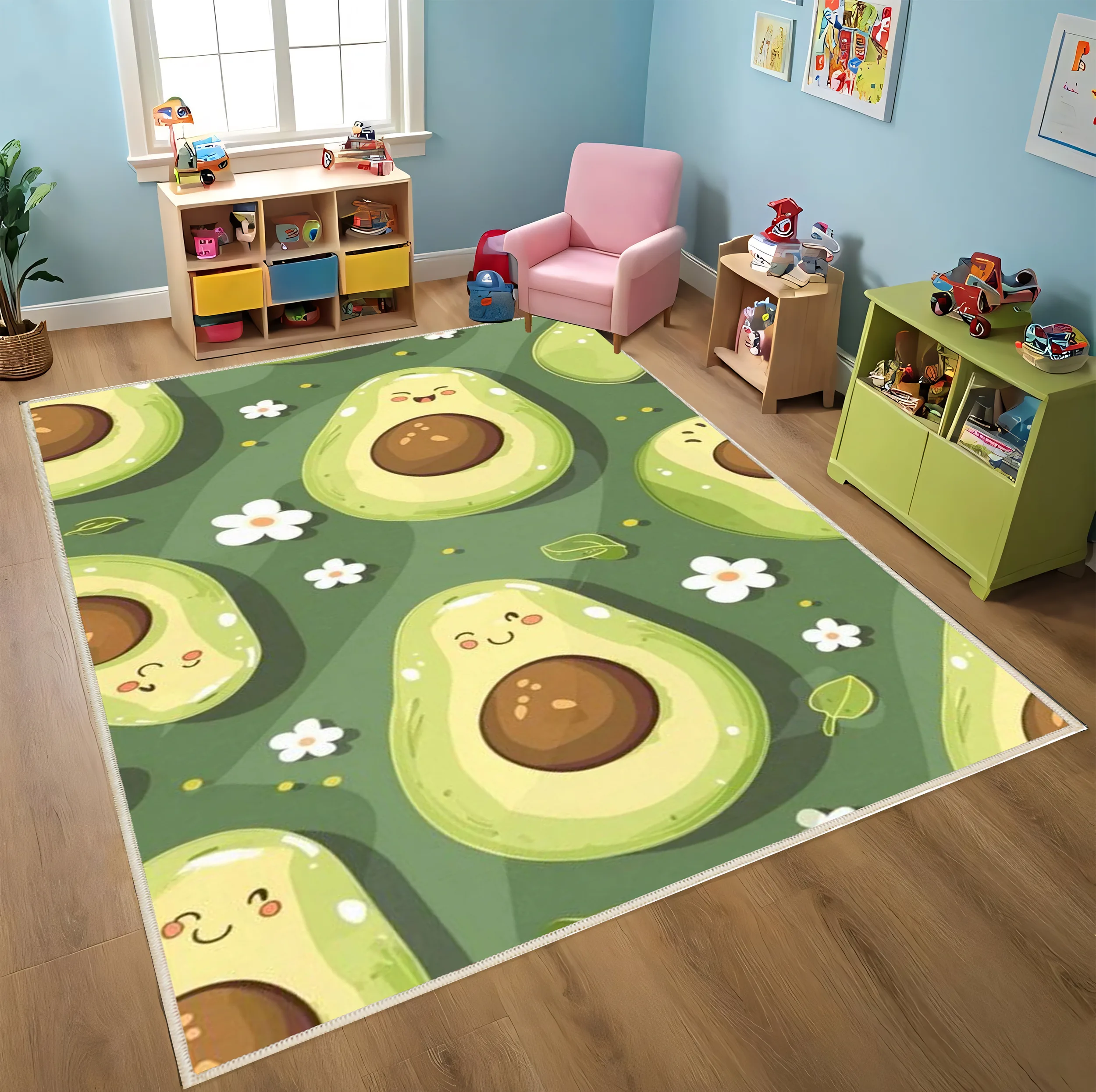 فرش ماشینی 1000 شانه زمینه و حاشیه سبز مدل اورکوم طرح اتاق کودک کد kids.9006.01