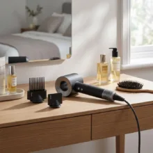 سشوار حرفه‌ای دایسون مدل HD07 با توان 1600 وات، تنظیمات دما و سرعت سه حالته، دارای 5 سری شامل حجم‌دهنده، فرکننده، صاف‌کننده و متمرکزکننده باریک، وزن 620 گرم