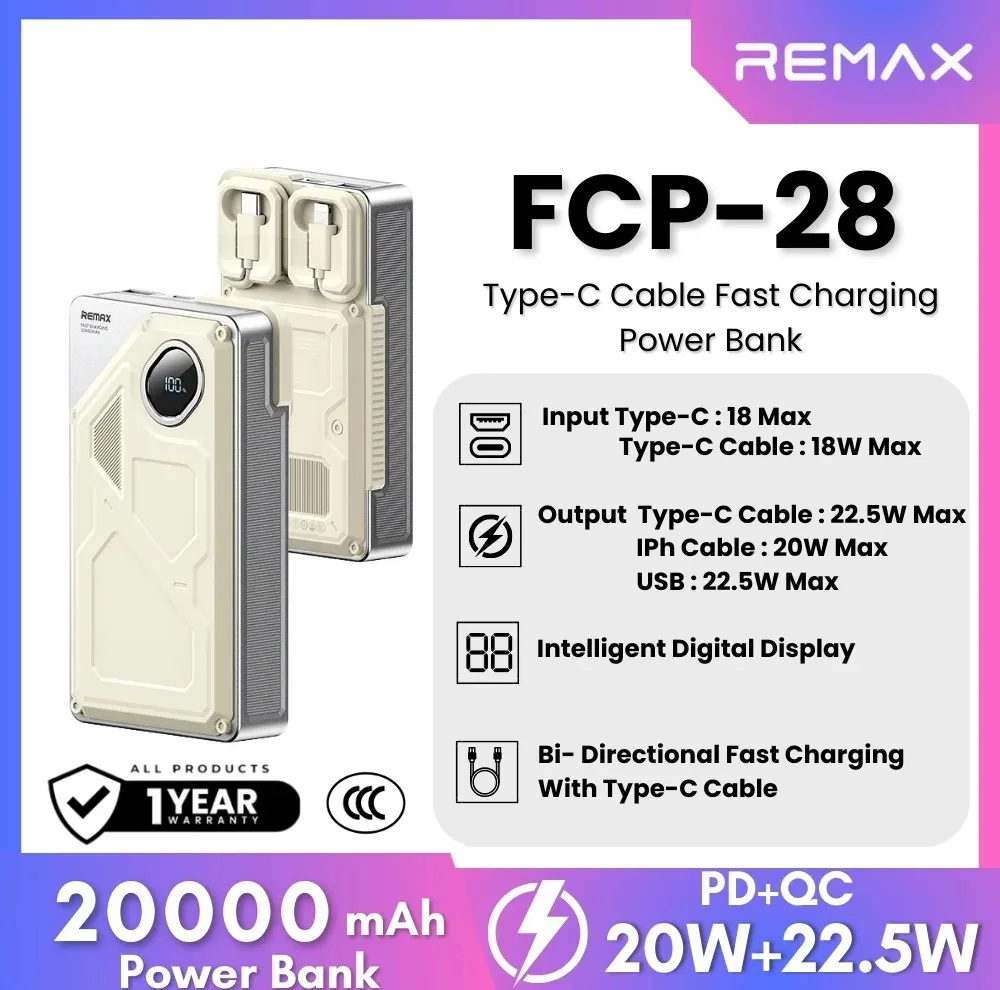 پاوربانک 22.5 وات ریمکس مدل FCP-28 ظرفیت 20000 میلی آمپر ساعت