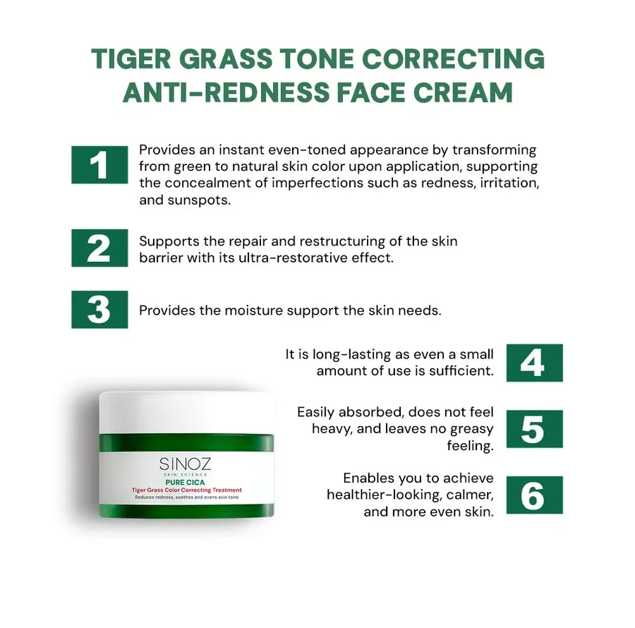 کرم ضد قرمزی و ترمیم کننده صورت سینوز مدل Pure Cica Tiger Grass مناسب پوست حساس حجم ۱۵ میلیلیتر