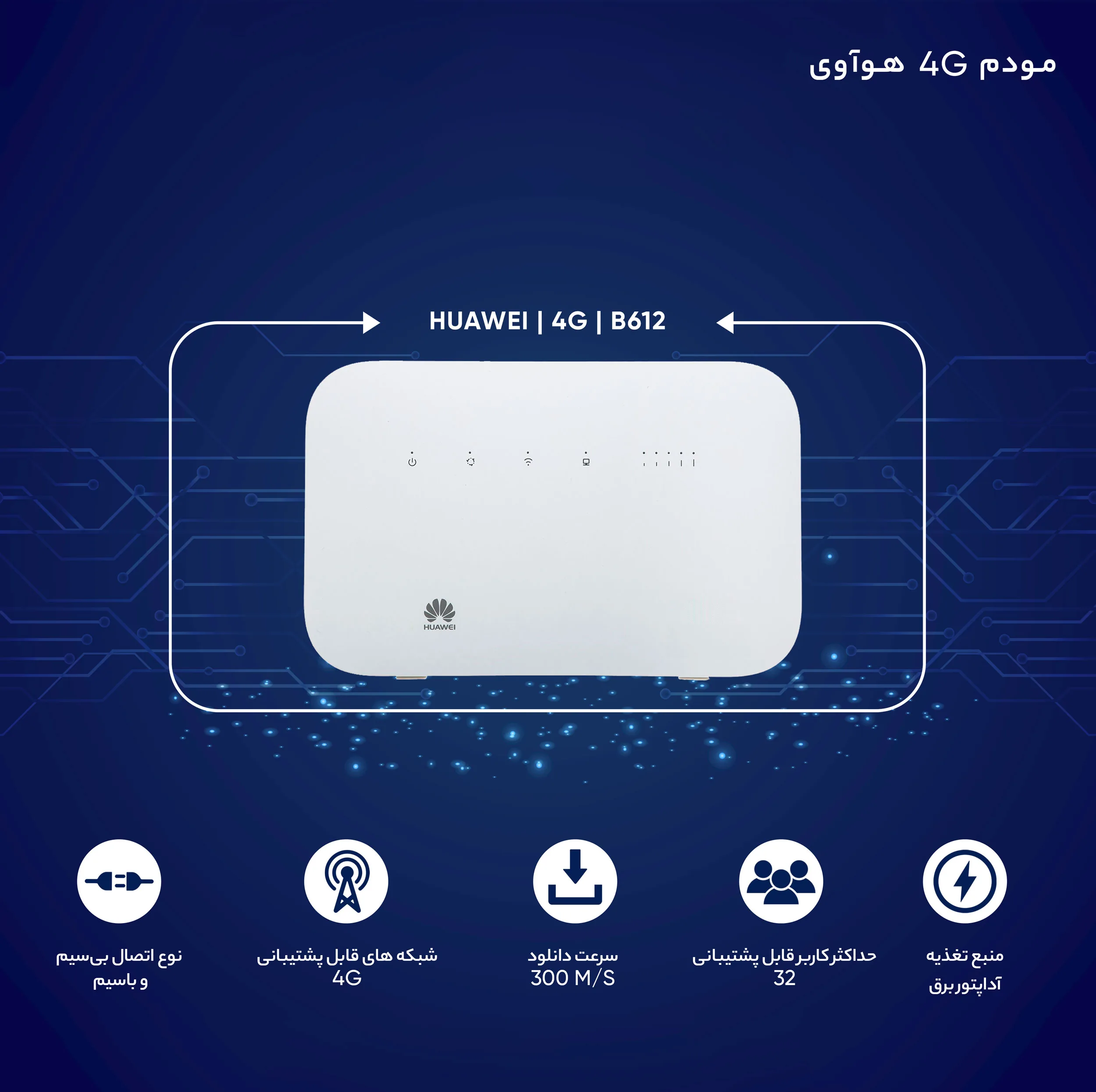 مودم روتر 4G خانگی هوآوی مدل B612 با پشتیبانی از LTE Cat 6 و فناوری نسل 4.5، قابلیت اتصال همزمان تا 32 کاربر، پشتیبانی از پیامک، ایجاد 4 شبکه بیسیم مستقل و فایروال IP/Mac filter