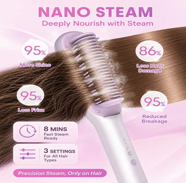 برس حرارتی بخاردار شیگلم مدل Hydra Shot Steam straightening brush Pro وزن 775 گرم با مخزن بخار داخلی و سیستم یون‌ساز