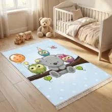 فرش ماشینی زانیس مدل اتاق کودک طرح جغدها و خرسی زمینه آبی