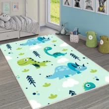 فرش ماشینی 1000 شانه زمینه سبز حاشیه آبی مدل اورکوم طرح اتاق کودک کد kids.9008.01