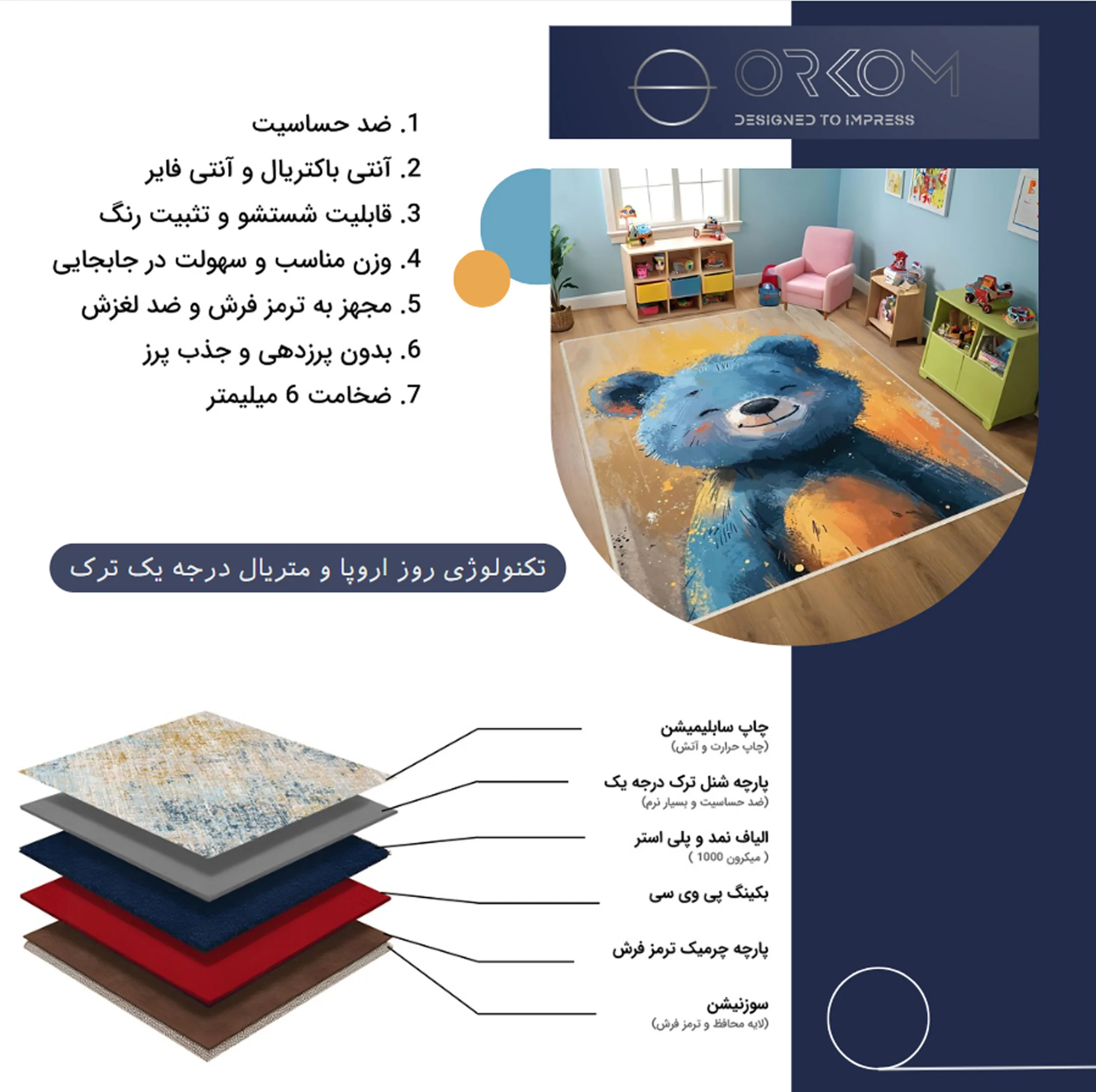 فرش ماشینی 1000 شانه زمینه قهوه‌ای حاشیه قهوه ای مدل اورکوم طرح اتاق کودک کد kids.9011.01