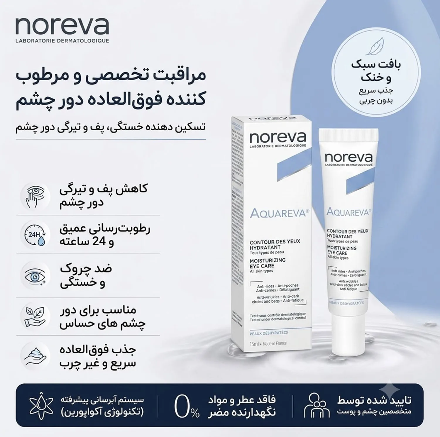 کرم دور چشم روز و شب نوروا مدل AQUAREVA حجم 15 میلیلیتر