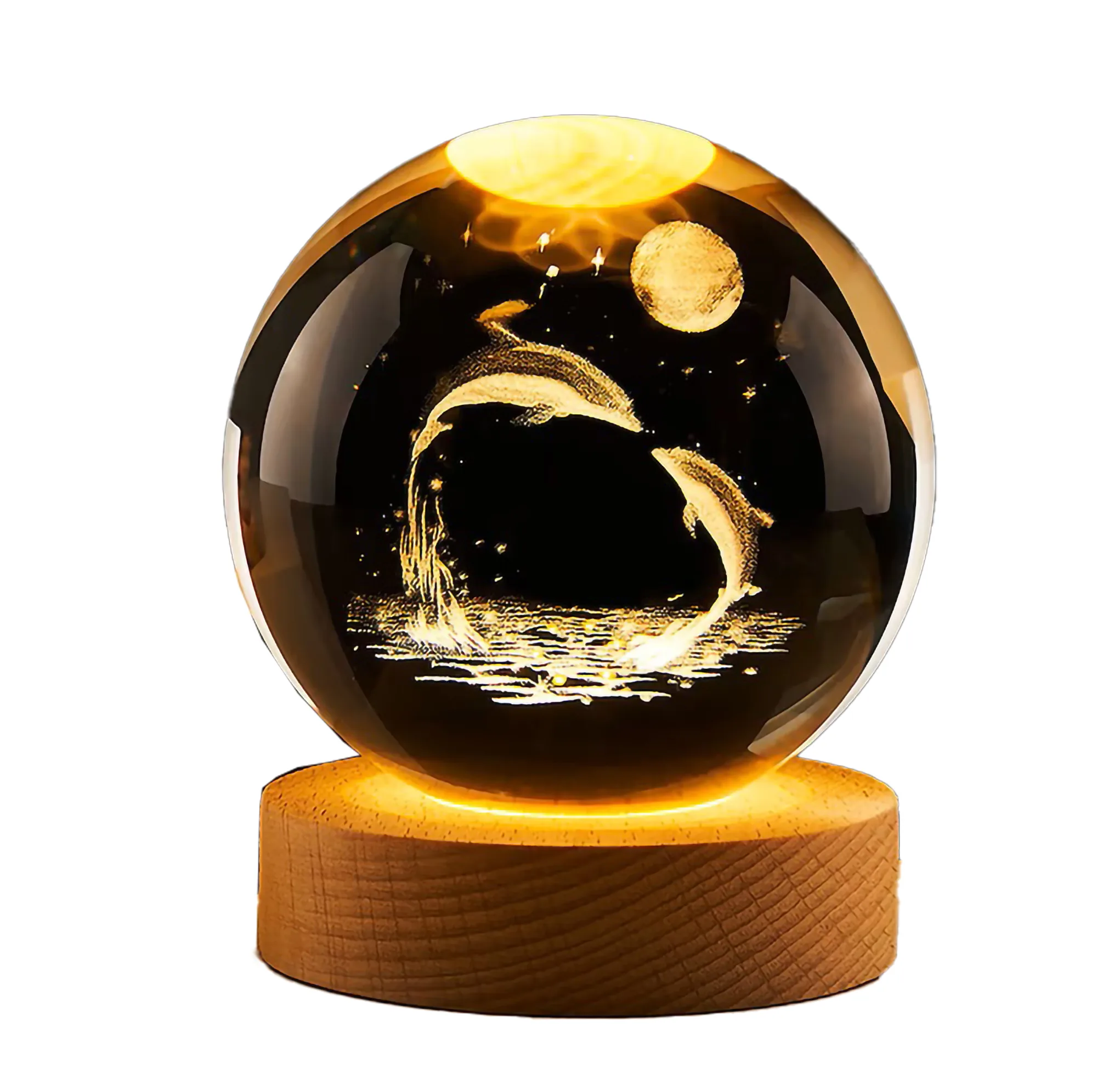 چراغ خواب مدل گوی کریستال 3D طرح دلفین و ماه عاشقانه کد 06