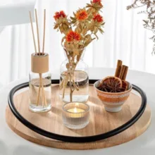سینی مدل چوبی گرد دسته فلزی